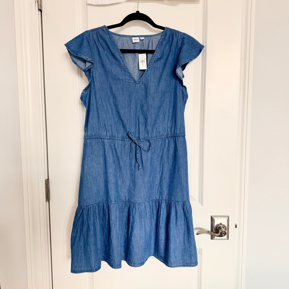 GAP Denim Flutter Sleeve Tie-Waist Mini Dress